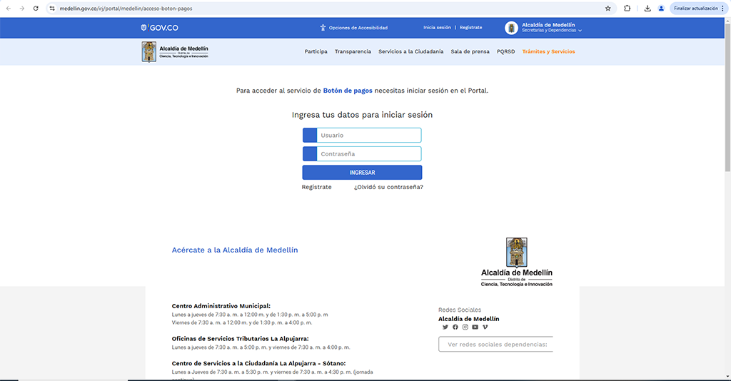 Captura de pantalla página botón de pagos
