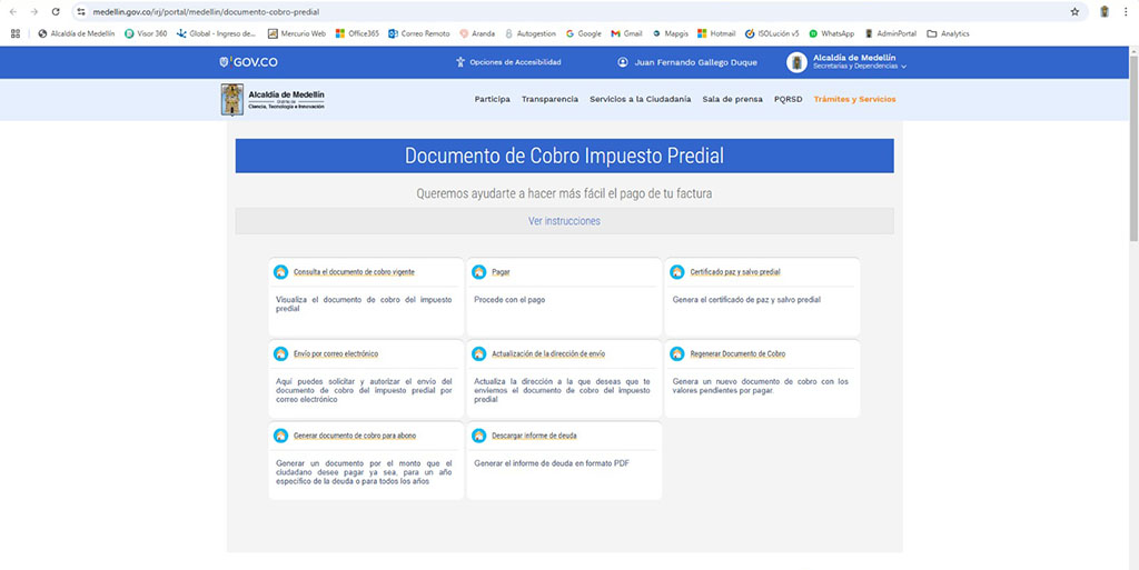 Captura de pantalla platarforma impuestos Medellín