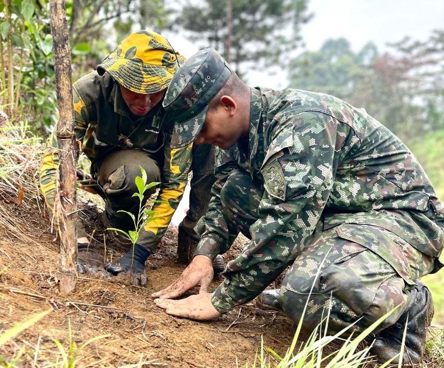 Imagen jardinero y militar sembrando