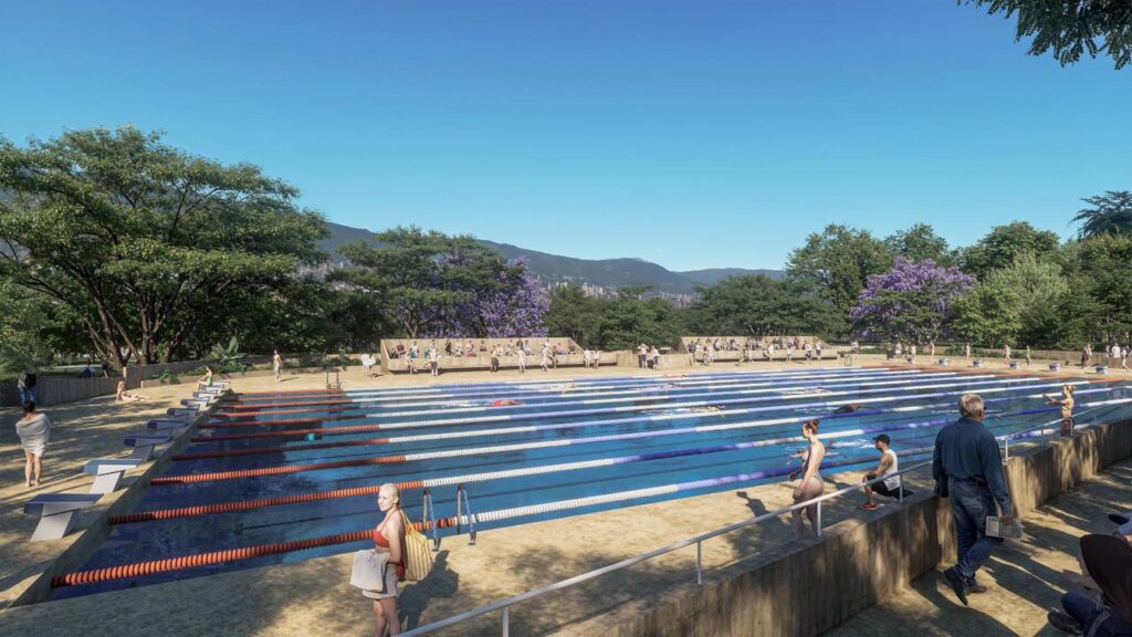 Rénder de cómo quedaría una parte del Complejo Acuático Carlos Mauro Hoyos del Gran Parque Medellín. Render Complejo acuático