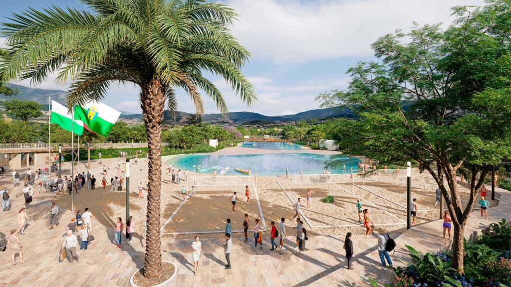 Rénder de cómo sería una parte del Mar Medellín, uno de los grandes atractivos que tendrá el Gran Parque. Imagen Render Mar Medellín
