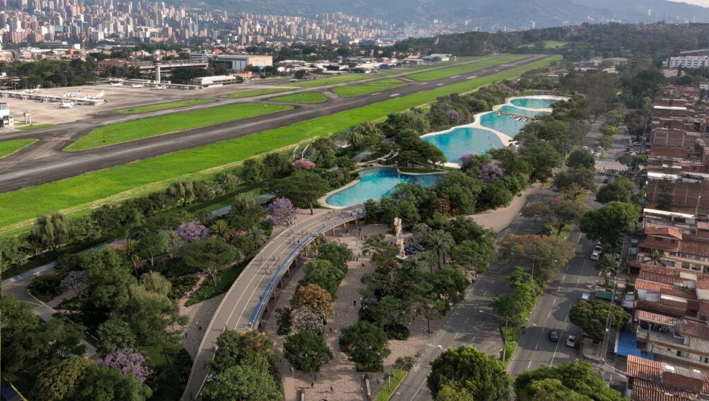 Rénder de cómo quedaría parte del Gran Parque Medellín, junto al Aeropuerto Olaya Herrera. Imagen Rénder Gran Parque Medellín