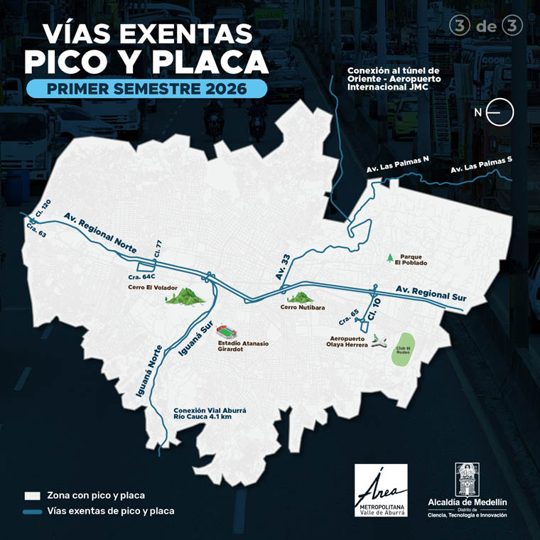 Imagen de mapa vías exentas Pico y Placa Medellín primer semestre de 2026