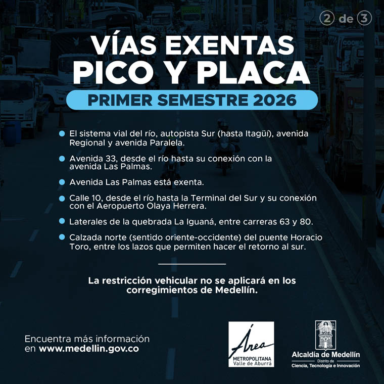 Imagen de vías exentas Pico y Placa Medellín primer semestre de 2026