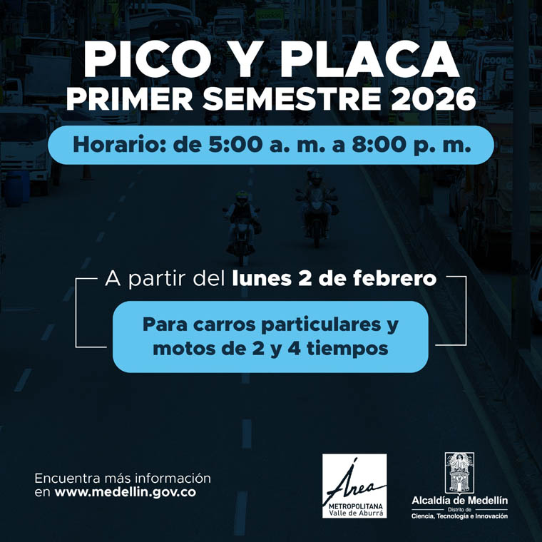Imagen horarios rotación Pico y Placa Medellín primer semestre de 2026