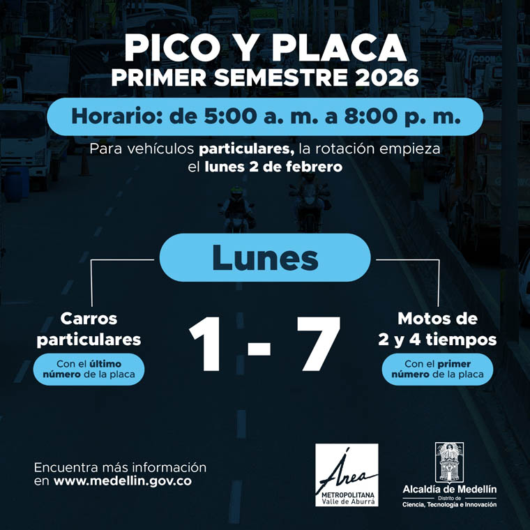 Imagen rotación lunes Pico y Placa Medellín primer semestre de 2026