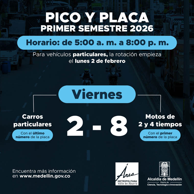 Imagen rotación viernes Pico y Placa Medellín primer semestre de 2026