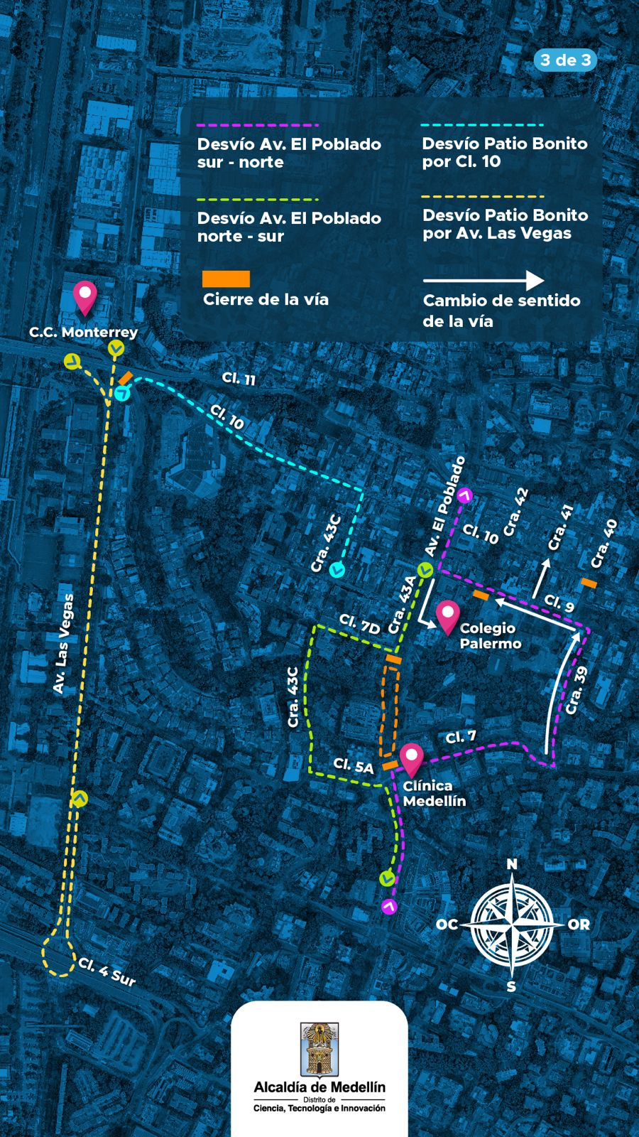 Mapa de cierre de vías en El Poblado