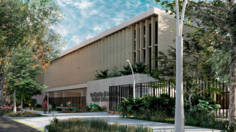 Render de fachada de megacolegio en La América