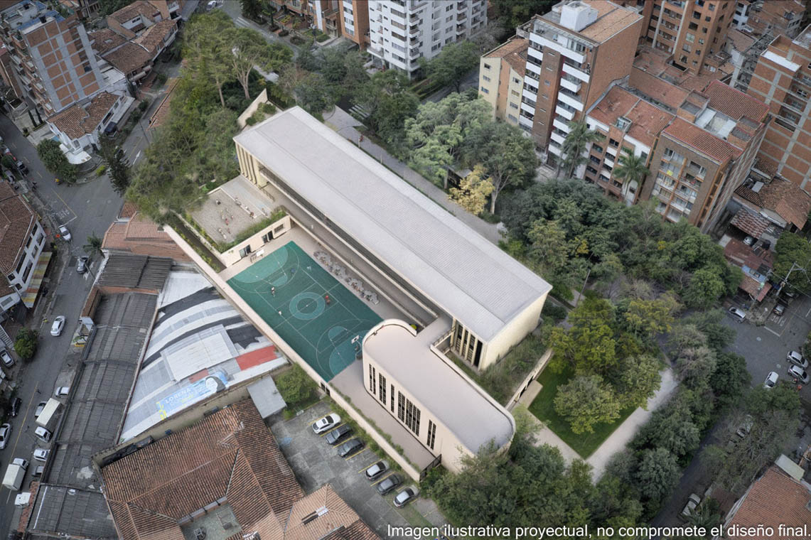 Render panorámico de megacolegio en La América