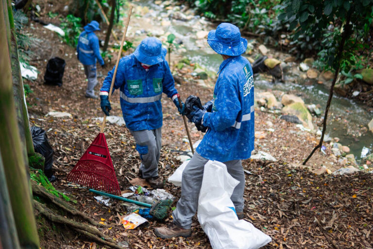 Imagen de funcionarios limpiando una quebrada