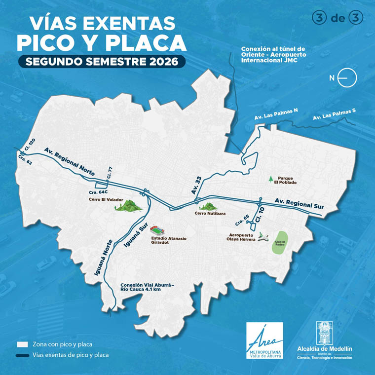 Mapa de vías exentas de Pico y Placa segundo semestre 2026