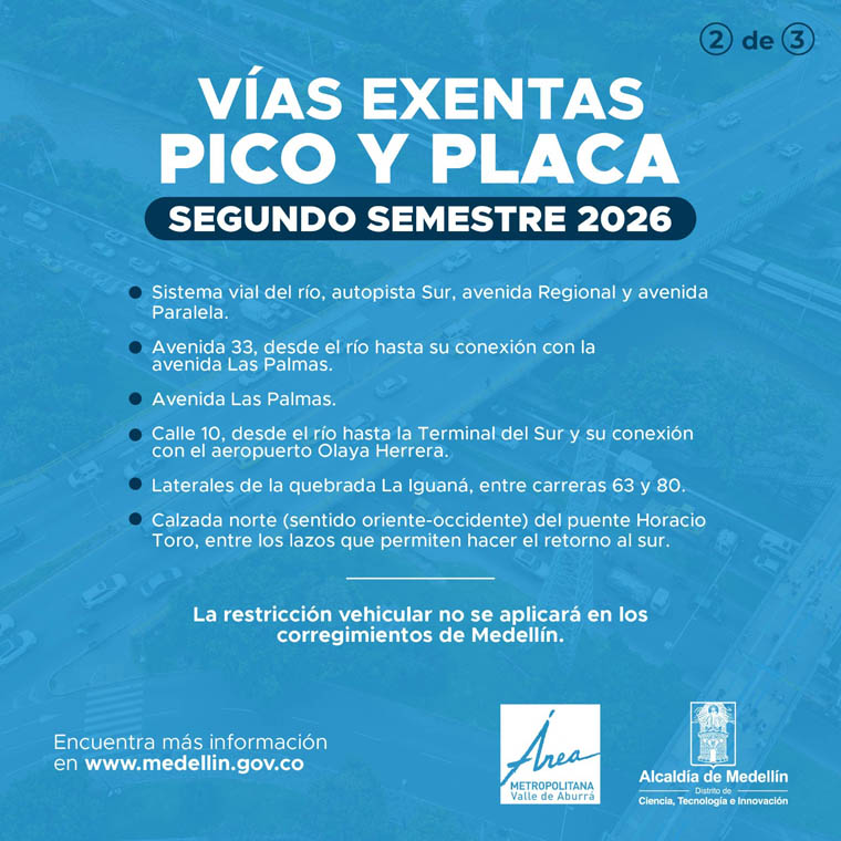 Vías exentas de Pico y Placa segundo semestre 2026