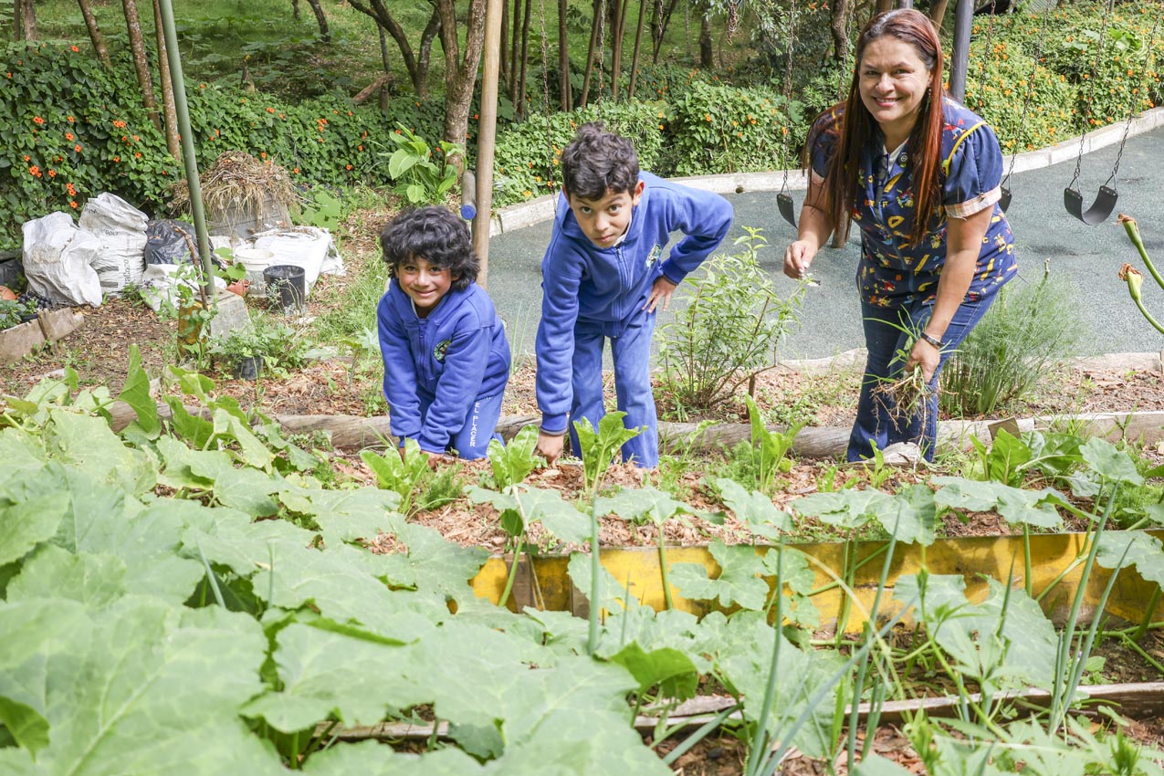 En la huerta del Centro Educativo El Placer se aprecian la profesora Diana Pérez y los alumnos Emiliano Benítez (en el medio), de quinto, y Arón, de preescolar. En la huerta del Centro Educativo El Placer se aprecian la profesora Diana Pérez y los alumnos Emiliano Benítez (en el medio), de quinto, y Arón, de preescolar.