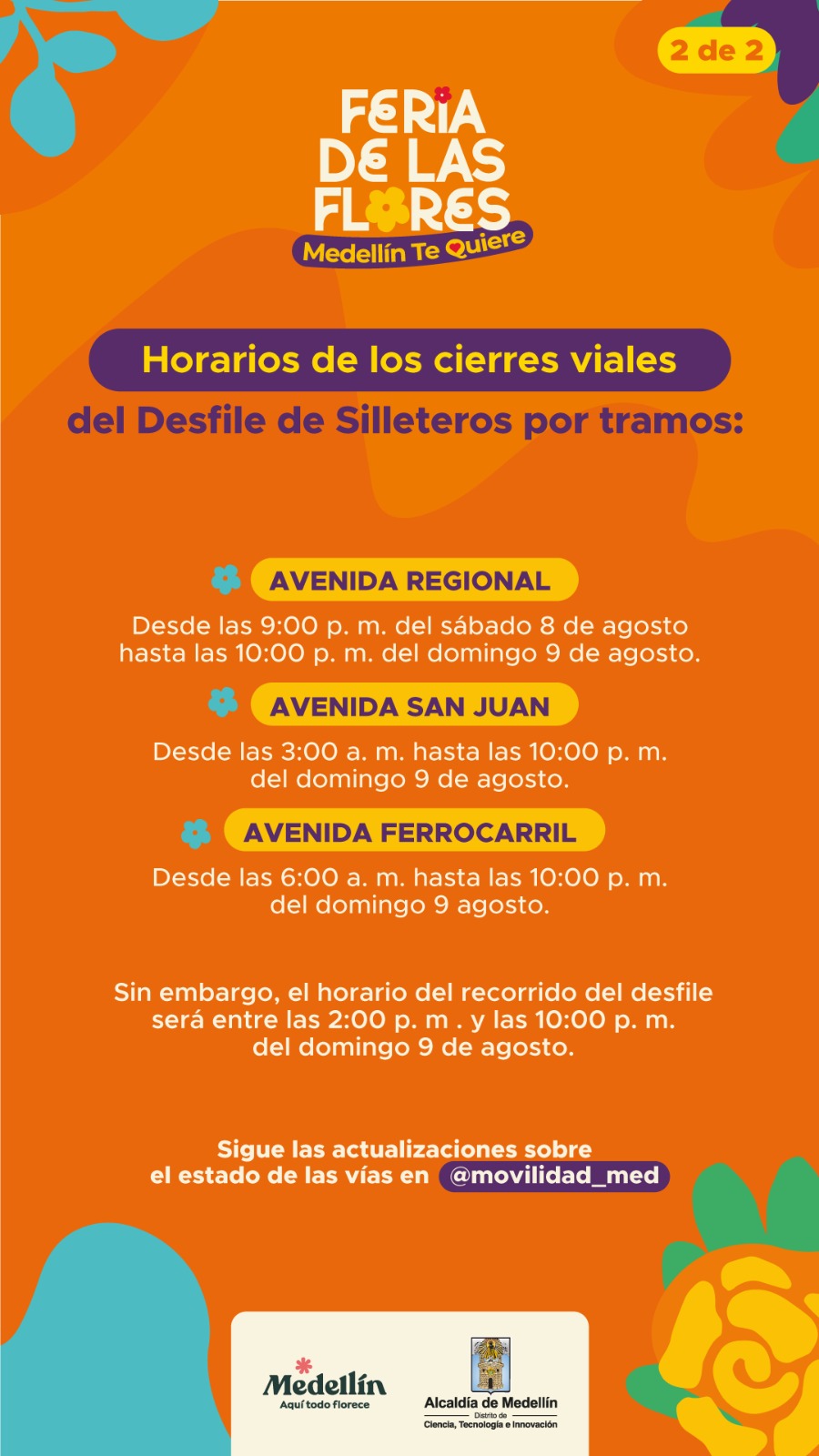 Imagen de horarios de cierres viales por Desfile de Silleteros