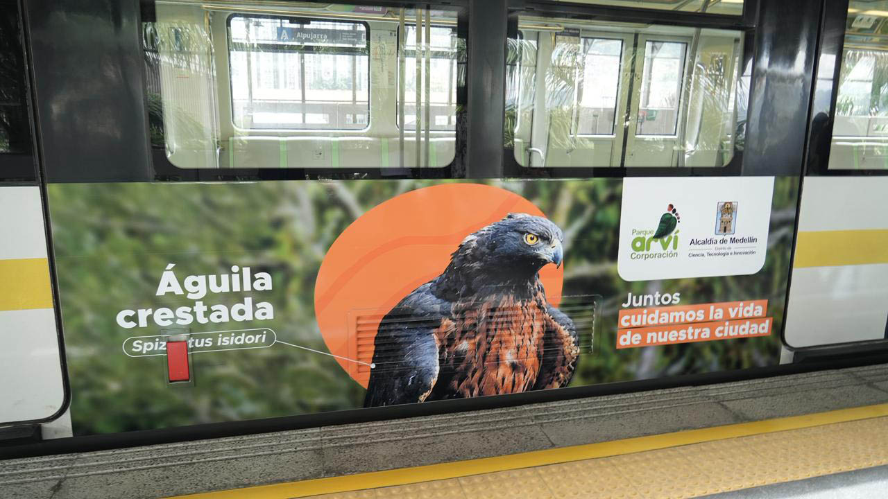 Imagen de vagón del metro con branding de biodiversidad